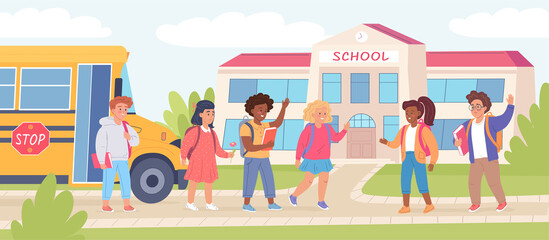 Cute happy kids back to school after summer vacation cartoon vector illustration