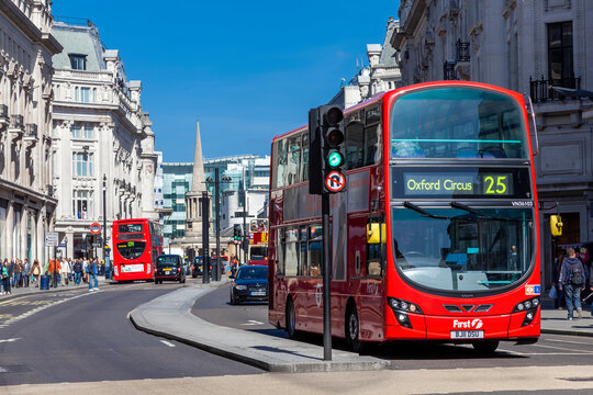 London, UK, April 1, 2012 : Modern London Routemaster red double decker bus in New Oxford Street, which is a popular travel destination tourist attraction landmarks of the city centre stock photo 