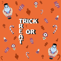 Halloween themed card with attributes on the orange background with the inscription