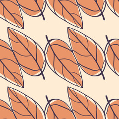 Soft orange contoured leaf seamless pattern. Outline abstract silhouettes on light pink background.