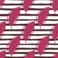 Bright pink leaf silhouettes seamless doodle pattern. Stripped background with white abd dark lines.