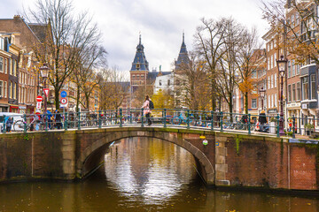 Fototapeta na wymiar Nice spots of Rijksmusuem from the bridge in the center of Amsterdam , Netherlands