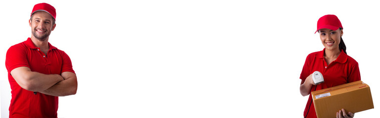 Delivery staff team with white background.