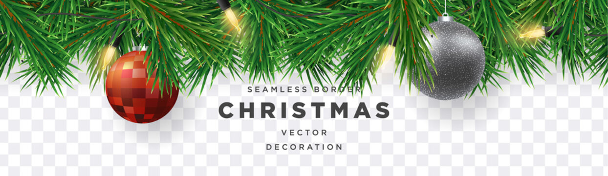Seamless christmas tree border with lights and baubles template vector on isolated background