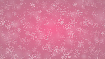 Christmas background of snowflakes of different shapes, sizes and transparency in pink colors