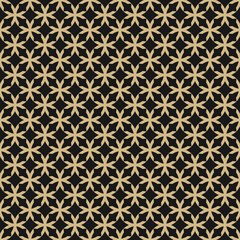 Golden grid texture. Vector geometric seamless pattern with crosses, grid, lattice, flower silhouettes. Floral geometrical ornament. Simple gold and black background. Luxury repeat design for decor