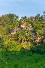 Sunset view on jungle and villas at Ubud, Bali, Indonesia