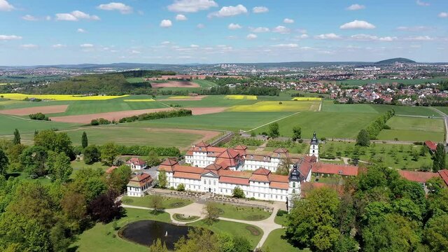 Aerial view flight at baroque palace Fasanerie with palace garden, Eichenzell, Fulda, Hesse, Germany,