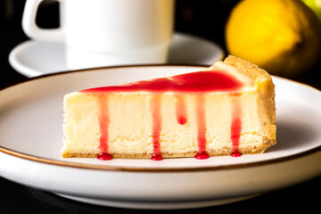 Dessert. Piece of cake on a white plate close-up on a dark background