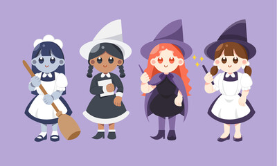 Happy Halloween. cute witch character design. set of witches isolated vector illustration. spooky maid with costume.