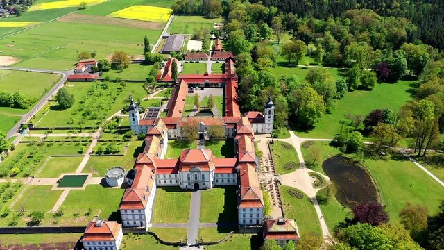 Aerial view flight at baroque palace Fasanerie with palace garden, Eichenzell, Fulda, Hesse, Germany,