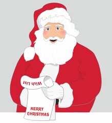 Big classic Santa Claus with wishlist. Text wish list and Merry Christmas. Vector illustration. EPS10