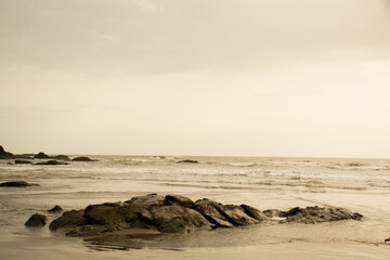 Beach & sunset,  Beach & rocks, Beach , Sea water, dusk,  coastline, wave