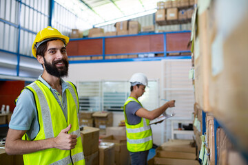 Warehouse worker team point to you for delivery
