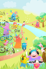 Obraz na płótnie Canvas Kids monster bicycle party or Festival outdoors in nature with trees and river. Poster, flyer design for children celebration event with cartoon DJ monster playing music and decorating bikes.