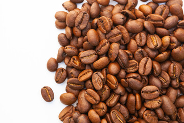Brown roasted coffee beans seed on white background