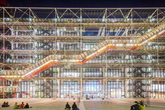 Centre Georges Pompidou glows in the night, Paris, France