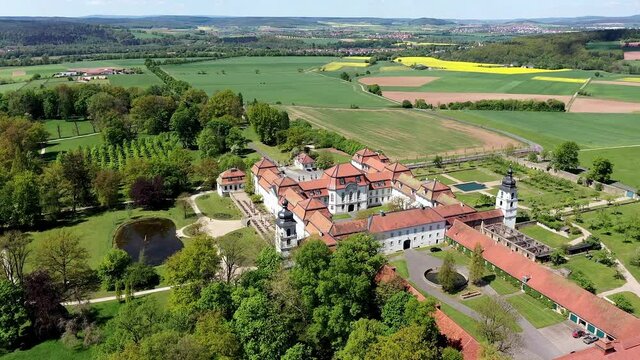 Aerial view flight at baroque palace Fasanerie with palace garden, Eichenzell, Fulda, Hesse, Germany,