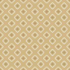 Golden vector ornamental seamless pattern. Elegant geometric ornament texture with small flower silhouettes, diamonds, grid. Abstract gold background. Ethnic motif. Luxury repeated tileable design