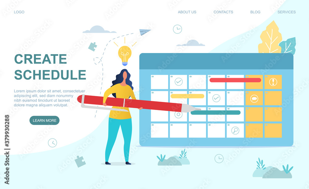 Poster time management concept with a girl making up a schedule. flat vector illustration. web page or land