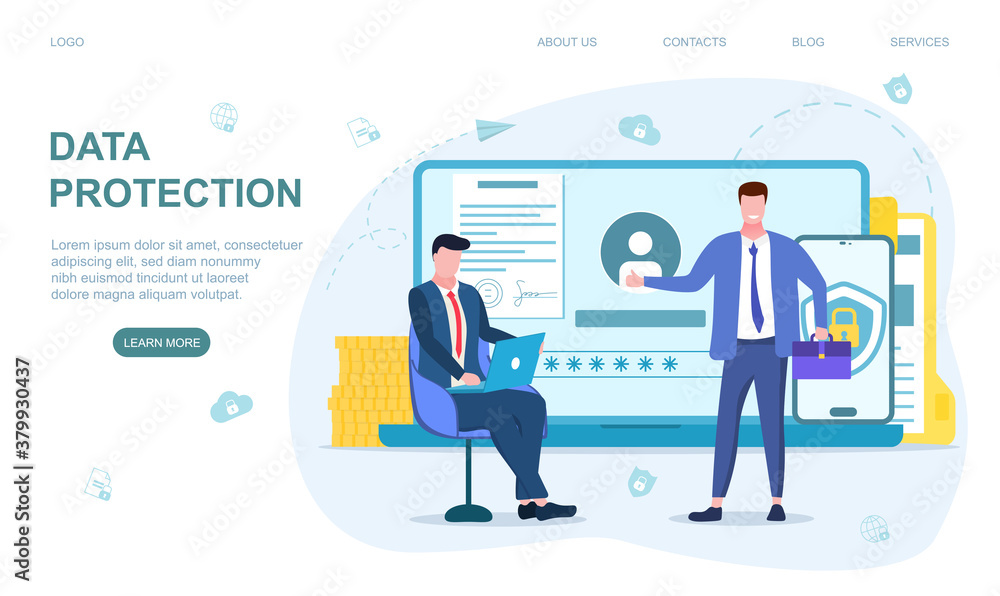 Poster information security and network protection concept with two businessmen standing in front of an ope