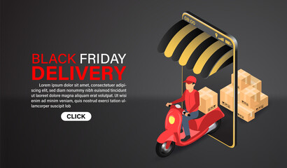Black friday online shopping delivery express by scooter with illustration. isometric flat design.