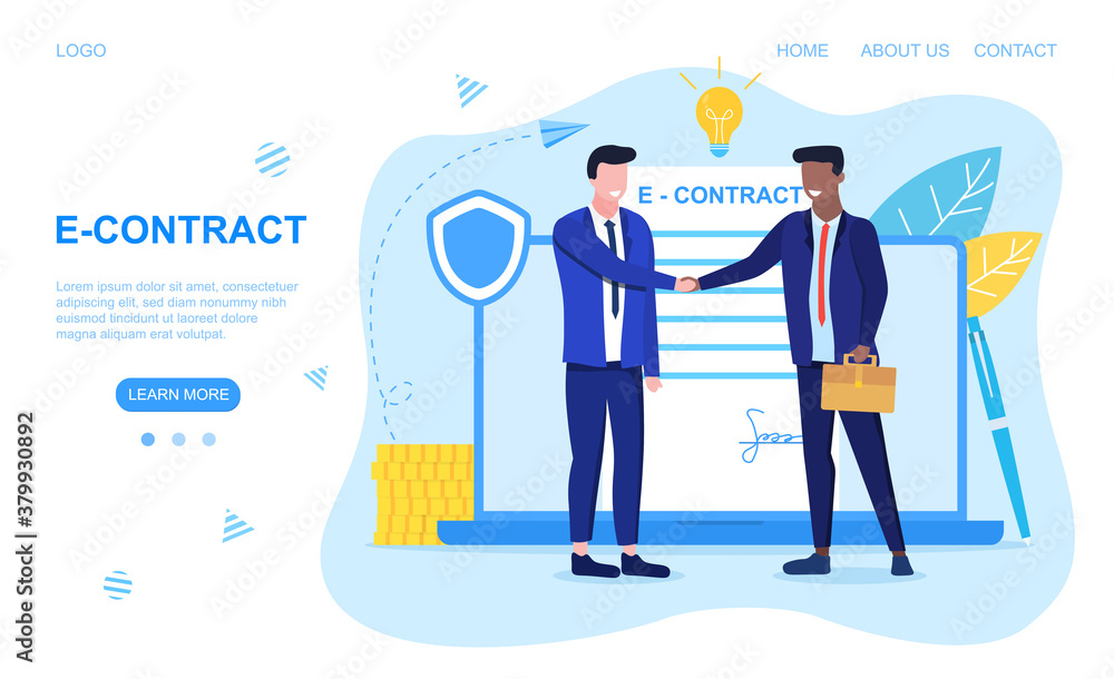 Poster abstract illustration of two men shaking hands on the background of an open laptop with the image of