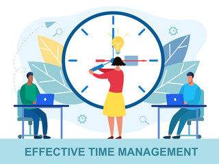Effective time management concept with men working in the office and a girl setting the time on a mechanical clock. Abstract flat vector illustration