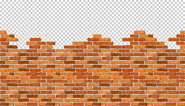 Realistic Vector broken horizontal brick wall with transparent background. Destroyed flat red wall texture. Brown textured brickwork for print, design, decor, background, banner, ad