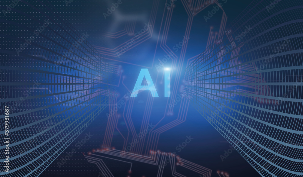 Fototapete Artificial Intelligence. Futuristic Technologic Background With AI Lettering And Microchip Connections