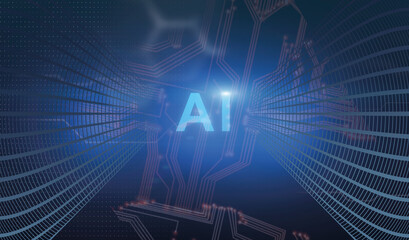 Artificial Intelligence. Futuristic Technologic Background With AI Lettering And Microchip Connections