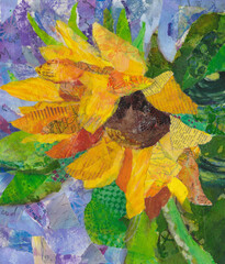 Mixed media collage paper painting of a single sunflower with lilac background