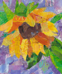 Sunflfower paper painting mixed media collage on lilac background