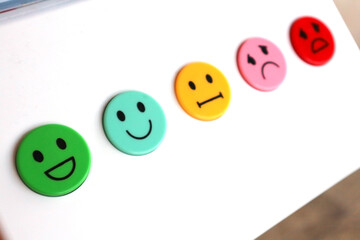 Feedback concept. Five colorful buttons with emotions illustrating customer satisfaction.
