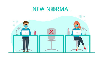 People at work, social distancing concept, prevention of coronavirus. New normal concept illustration