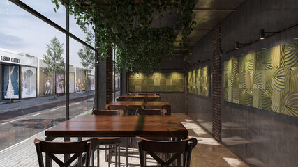 Wooden Tables and Chairs Inside an Empty Roadside Coffee Shop During the Daytime 3D Rendering