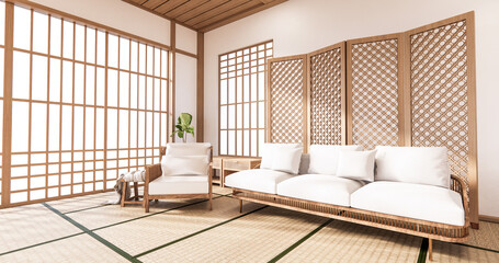 Sofa and partition japanese on room tropical interior with tatami mat floor and white wall.3D rendering