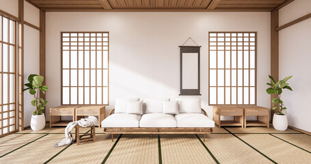 Sofa and partition japanese on room tropical interior with tatami mat floor and white wall.3D rendering