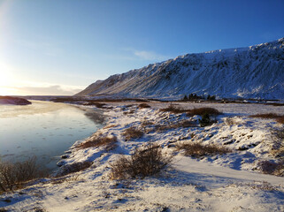 Iceland's breathtaking winter landscapes. River with pieces of ice on the background of mountains