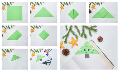 Origami collage. Instructions for creating bookmarks for a book in the form of a Christmas tree....
