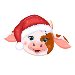 Cute cow, ox - symbol of New Year 2021 in Santa Claus Hat vector illustration.