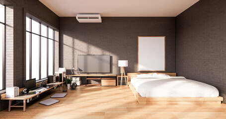 Bedroom interior loft style with frame on black wall brick. 3D rendering