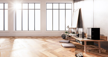 The interior Computer and office tools on mini desk in room concrete and white brick wall design. 3D rendering