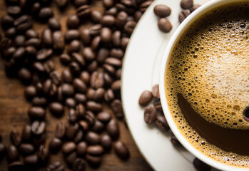 cup of black coffee with coffee beans