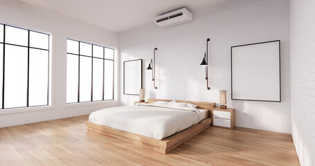 Bedroom interior loft style with frame on white wall brick. 3D rendering