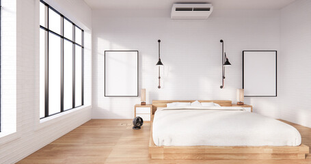 Fototapeta na wymiar Bedroom interior loft style with frame on white wall brick. 3D rendering