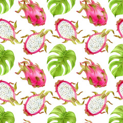 Seamless pattern with dragon fruits and tropical laeves isolated on white background. Tropical illustration, Hand drawn watercolor sketch. Stock illustration of plants.