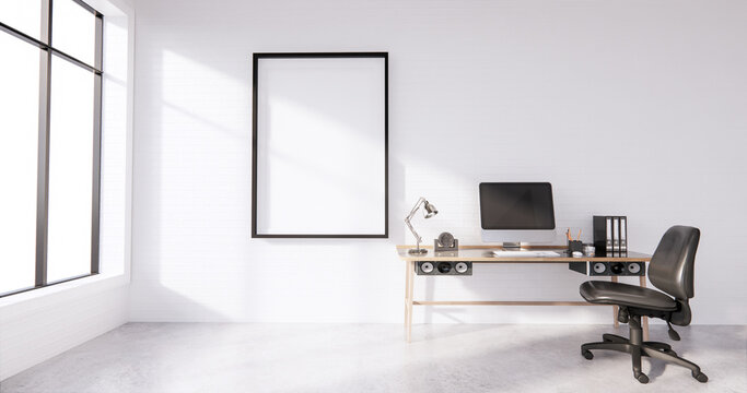 The interior Computer and office tools on mini desk in white concrete floor and white brick wall design. 3D rendering