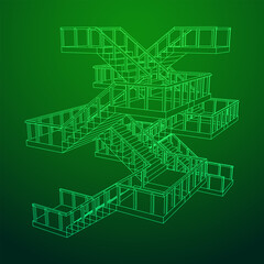 Wireframe stairs, interior staircases steps with railing