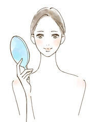 鏡を見る女性　笑顔の美容用イラスト